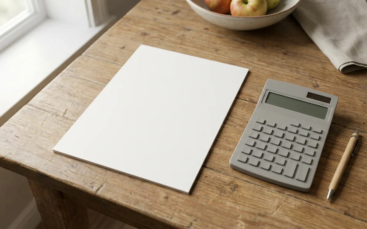Blank estimate paper, calculator, and pen on a kitchen table