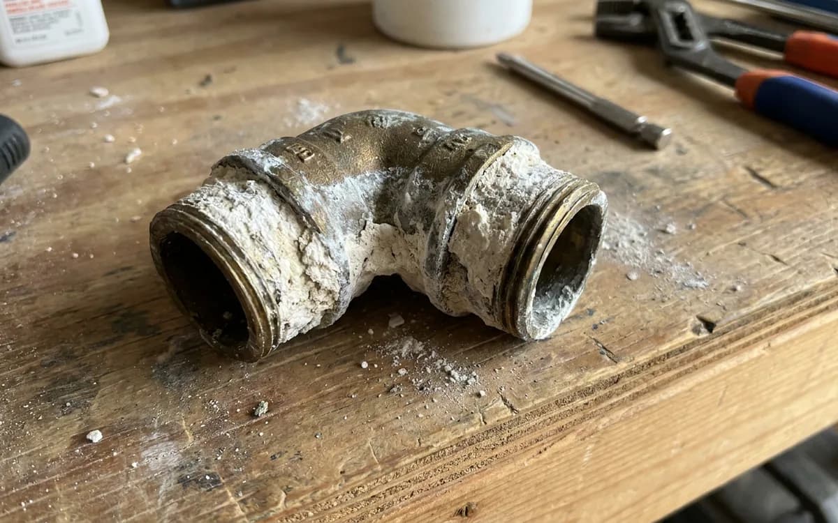 Mineral scale deposits on a fitting removed from a household water line