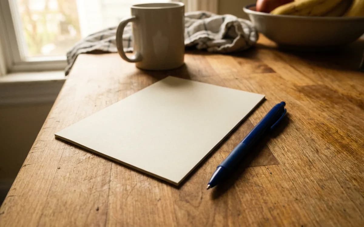 Blank estimate paperwork and a pen on a kitchen counter in morning light
